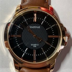 Yazole Unisex Watch, Quartz 358, Brown Leather Band with Black Face